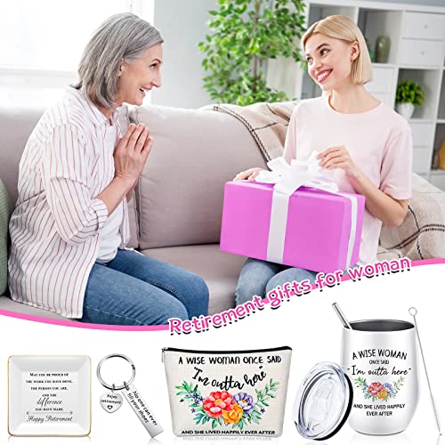 4 Pieces Retirement Gifts For Women 2022, A Wise Woman Once Said I Am Outta Here Coffee Mug Stainless Steel Wine Tumbler, Happy Retirement Trinket Tray, Retired Makeup Bag And Keychain (Classic Style) #TOP3