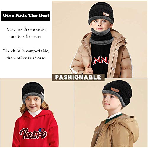 Malaxlx Kids Winter Beanie Hat and Scarf Set for Ages 5-14 Boys Girls – Fleece Lined Knit Warm Skull Cap and Neck Warmer2