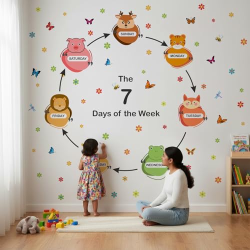 Image of StickMe '7 Days of The Week Animals Baby Kids Learning Education NurseryPre School Kinder Garden Colorful Wall Sticker' (Multi Colour, Vinyl) (Standard Extra Large - 220 x 190 cm)