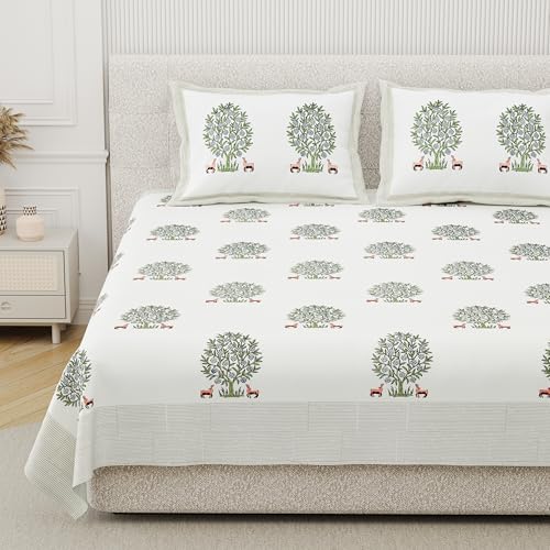 DE CAMA Since 1997 | 100% Cotton 300 TC Premium Super King Size Bedsheet for Double Bed (108 x 108 Inch) with 2 Pillow Covers Set (17 x 27 Inch) Hand Block Printed Bedsheet Set - Green/White