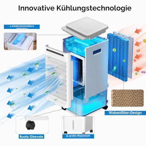 Foto von Mobile Klimaanlage 4 in 1 Luftkühler mit Wasserkühlung Ventilator Verdunstungskühler 7h Timer | 3 Modi | 90° Oszillierend | 5L Mobile Klimagerät Mit Fernbedienung 4 Kühlakku Negative Ionenfunktion