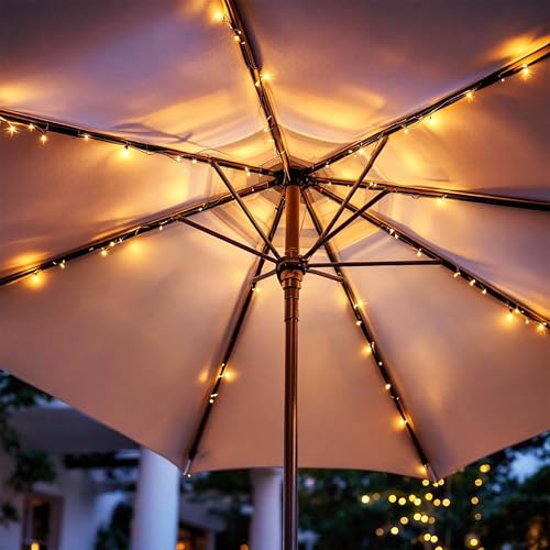 Spetebo Éclairage solaire pour parasol - 72 LED - Blanc chaud - 8 x 1,2 m - Guirlande lumineuse solaire - Durée d'éclairage de 6 heures - Éclairage...
