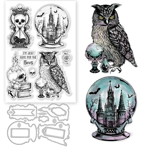 GLOBLELAND Halloween Magic Crystal Ball Owl Candles Cutting Dies with Magic Crystal Ball Owl Candles Clear Stamps for DIY Scrapbooking Photo Album Embossing Paper Card
