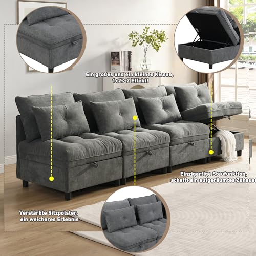 Modułowa 4-osobowa sofa, oddzielne elementy, zmienna powierzchnia do spania, obicie szenilowe, miejsce do przechowywania pod siedziskami, składane kieszenie, 8 poduszek, zestaw wypoczynkowy do salonu