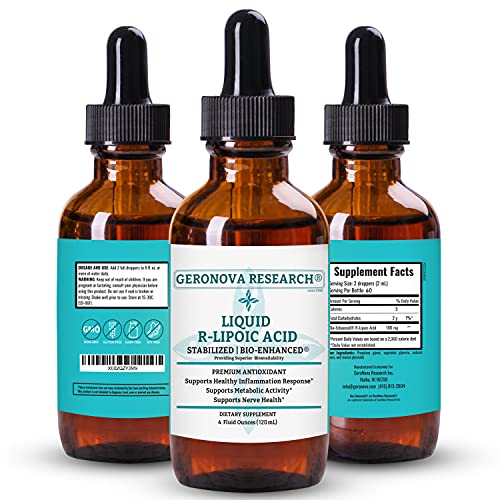 GeroNova Research Liquid R Lipoic Acid 100mg 4oz - Premium R Alpha Lipoic Acid Liquid Antioxidant for Nerve Pain Relief & Inflammation Support, Increases Glucose Uptake and Boost Energy Production