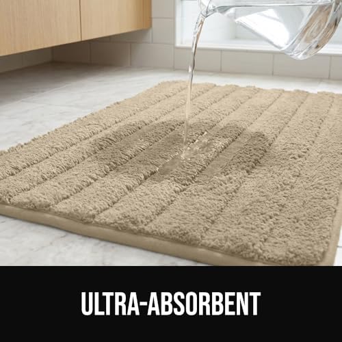 Image of GORILLA GRIP Memory Foam Bathroom Rugs, Soft Absorbent Textured Rubber Backing Striped Bath Mat, Machine Washable Quick Dry Cushioned Floor Mats, Shower Rugs Home Decor Accessories, Beige 24x16