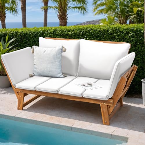 Greesum Patio Convertible Couch Sofa Bed With Adjustable Armrest, Acacia Wood Outdoor Daybed With Cushion & Pillow thumb #1