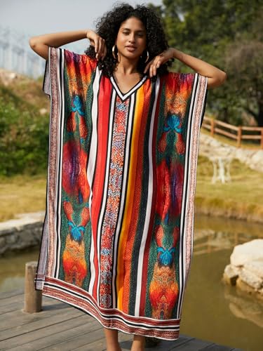 Image of IMAGEKOPE Kaftan Dresses for Women Plus Size Bathing Suit Cover up Vneck Batwing Dress Loose fit Moroccan Caftan mumu Dresses