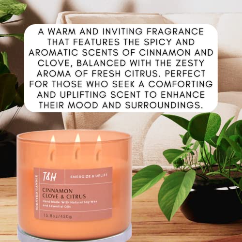 Cinnamon Clove Citrus Scented Candle With Vanilla, Ginger & Cedarwood | Highly Scented 3 Wick Soy Candles For Home 15.8 Oz | Large Relaxing Aromatherapy Candle For Men & Women, Natural Cinnamon Candle #TOP1