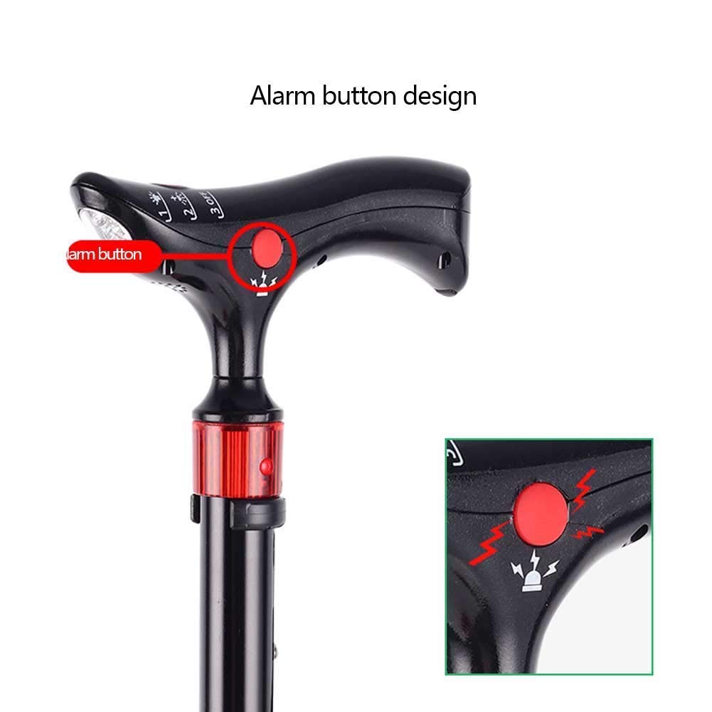 Bastón Ligero Aleación de Aluminio Plegable con iluminación de luz LED, diseño de Alarma de botón;Advertencia de Seguridad Intermitente de luz roja, muletas Times