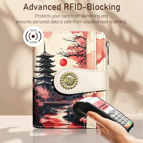 Image of Kelvoris Japanese Sunset Goth Small Rfid Women Wallet Zipper Coin Pocket | Bifold PU Leather Compact Cash Credit Card Holder, Travel Purse for Female Ladies Teen Girls, 1 ID Window 10 Card Slots