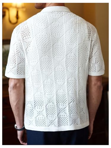 Men's Button Down Crochet Tops Sheer Collared Knit Short Sleeve Sweaters3