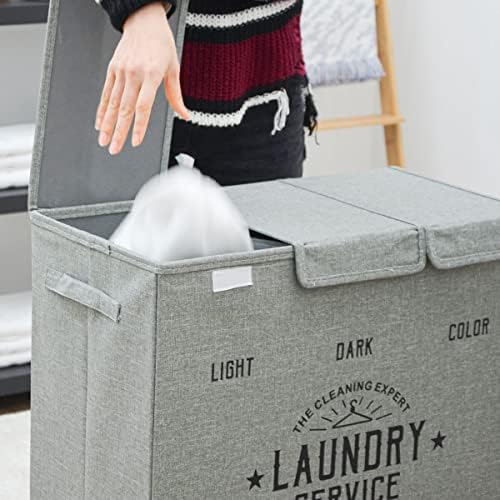 DuneDesign 3 Section Laundry Basket Grey with Lid - 84L Foldable Laundry Sorter 3 Compartments for Bedroom Bathroom Baby - 3 Part Laundry Separator Basket - Wash Bin Lights and Darks