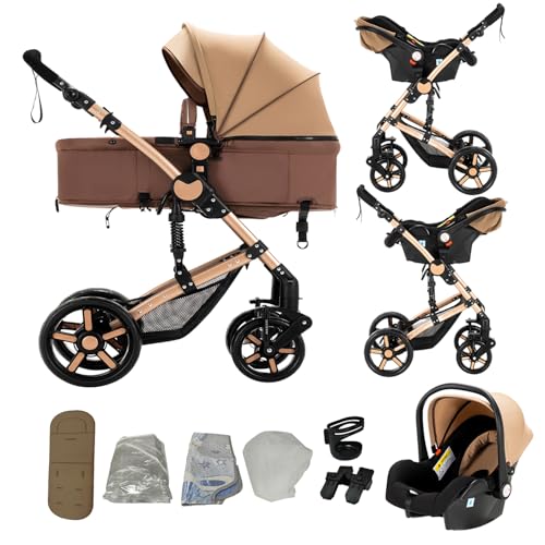 Sianldcone Barnvagn 3-i-1 Trio Bebis, Högkvalitativa Tyger Dubbelriktad Tryck Vändbar Vision Barnvagn (588 Khaki)