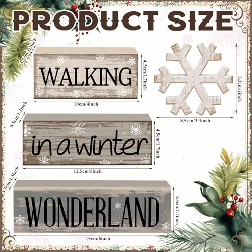 Image of Moucuny 4 Pcs Christmas Table Decorations Wooden Snowflake Decor Winter Tiered Tray Decor Rustic Snow Signs Block Gift Farmhouse Christmas Centerpiece for Wonderland Party Kitchen Shelf Home