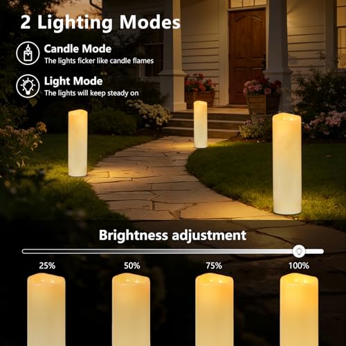 Image of Kimjo 14 inch x 4 inch Large Outdoor Waterproof Candles with Timer Remote, 4 Pack | Ivory, Battery Operated LED Flameless Pillar Candles, Electric Flickering Fake Candles for Patio, Lanterns, Porch Decor