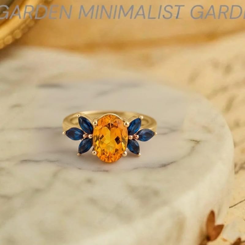 14K Gold Plated Oval Citrine and Blue Sapphire Marquise Flower Statement Ring Women Ring Handmade Jewelry GMR126