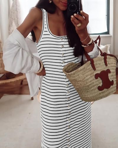 Image of NOLLSOM Women Casual Sleeveless Striped Tank Midi Dresses Spring U Neck Bodycon Dresses T Shirt Summer Dress