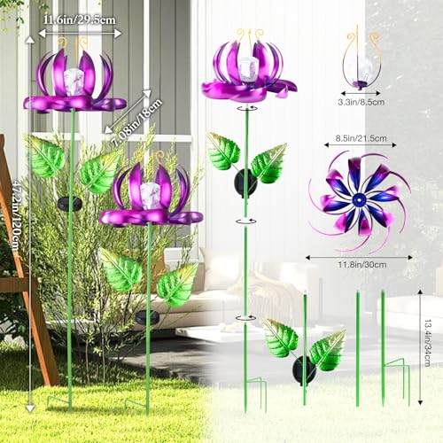 Image of Solar Yard Lights Wind Spinners- Metal Lotus Flower Garden Decor LED Crackle Glass Globe Yard Art Sculpture Solar Stake Lights for Patio Pathway Lawn Walkway (Purple-Large)