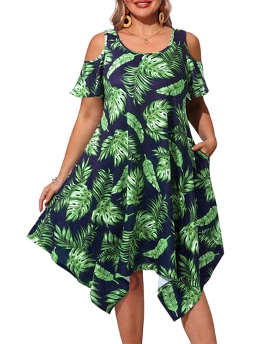 Image of Pinup Fashion Plus Size Summer Sundress Casual Flowy Cold Shoulder Dress