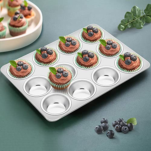 Homikit Stainless Steel Muffin Pan, Heavy Weight Metal Muffin Tin Pans With 12 Regular Size Cups, Deep Cupcake Tray Mold Great For Baking Egg Muffin Cakes, Rust Free, Quick Release & Dishwasher Safe #TOP4