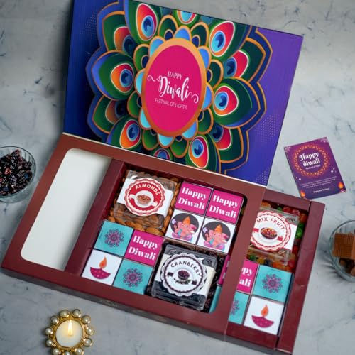 Image of Expelite Dry Fruit Gift Pack Diwali Box | 24 Piece Box, 50g Almonds, 50g Mix Fruit, Cranberry and 12 Pcs Chocolate |Diwali Chocolate Hamper in 500