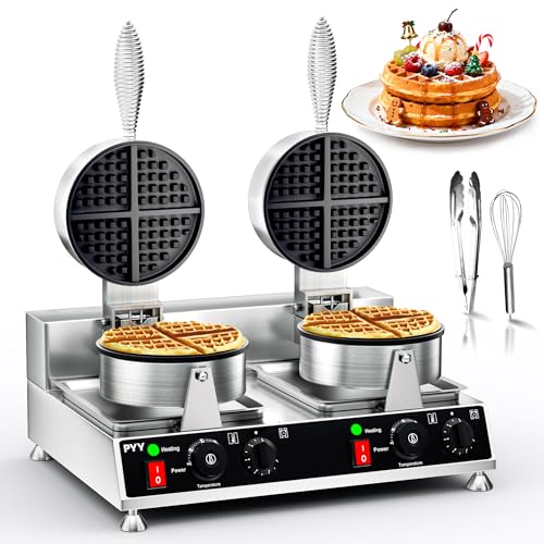 Image of PYY Commercial Waffle Maker - Double Waffle Maker 2500W Large Stainless Steel，Silver Non-stick Electric Chaffle Maker for Restaurants, and Carnival Events