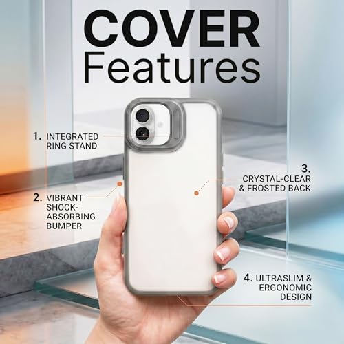Image of amazon basics Frosted Matte Case for iPhone 17 | Built-in Flip-Out Camera Lens Stand | Translucent Back with Contrast Gray Bumper | Shockproof Protective Cover with Foldable Kickstand