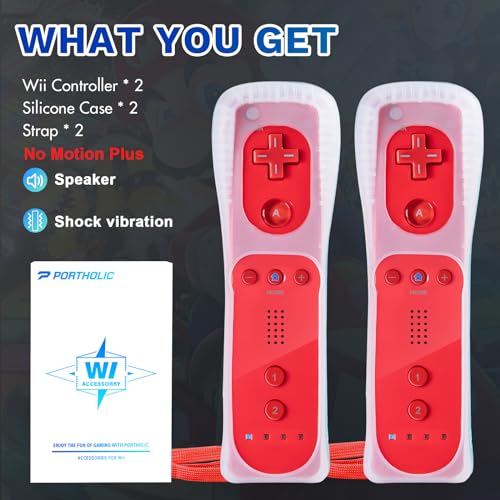 Image of PORTHOLIC Wii Remote Controller, 2 Packs Upgrade Wii Wireless Controller,Compatible with Wi /Wii U Console(Red and Red)