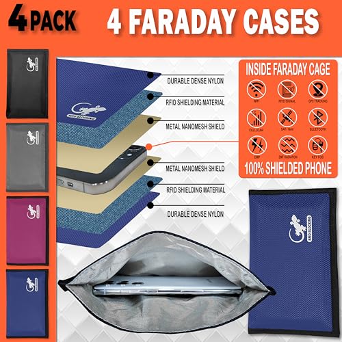 Image of 4 Faraday Bag Anti-Tracking GPS RFID Car Key Signal Blocker Wallet Shielding Pouch Protective Case for Cell Phone Car Key FOB, Data Privacy, Electronic Device Security (4 Pack - Family Pack)
