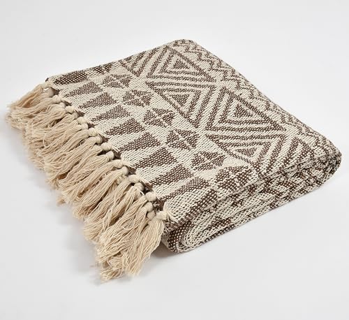 Image of Cotton Handloom Throw for Sofa & Bed - 125x150 cm (50x60 inches) | Soft Lightweight Reversible Tribal Pattern Blanket with Tassels | Decorative Sofa Cover for Living Room