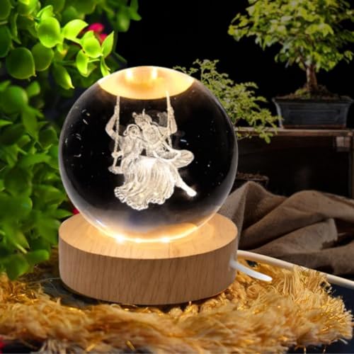 Image of 3D Radha Krishna Crystal Ball Night Lamp with Wooden Base, LED USB Decorative Light (Radha Krishan jula)