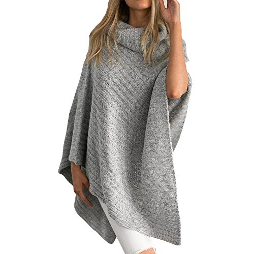 Jaeounr Women Casual Loose Turtleneck Knitted Poncho Pullovers Sweater Top (Gray)