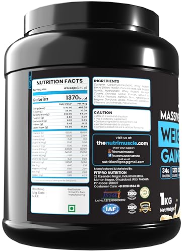 Image of Nutrimuscle Massive Weight Gainer - 1 Kg - Cookies and Cream Flavour - Contains Complex Carbohydrates for Healthy Weight Gain