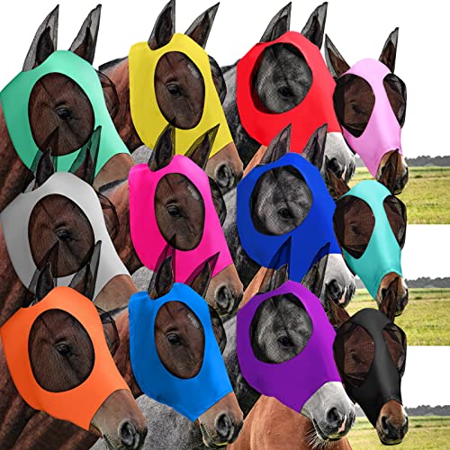 Sanwuta 12 Pcs Horse Fly Masks with Ears, Breathable Mesh UV Protection Horse Face Masks, Soft Elastic Comfortable Fit for Riding Outdoor Summer Supplies Bulk (Medium)