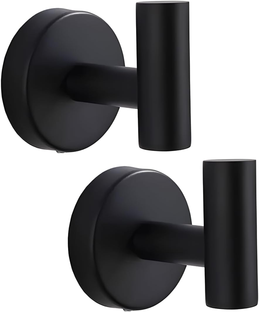 Towel Hooks for Bathroom, 2 Pack Towel Holder Wall Mount, Heavy Duty Stainless Steel Drilling Door Hangers for Towel, Coats and Robe, Fit for Bathrooms, Kitchen, Bedroom, Hotel (Matte Black)