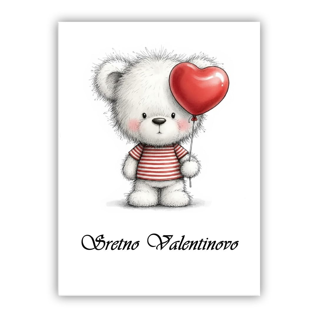 Multilingual Valentine’s Day Card – Cute Bear with Heart Balloon – Romantic Greeting Card for Husband, Wife, Boyfriend, Girlfriend (• Croatian: Sretno Valentinovo)