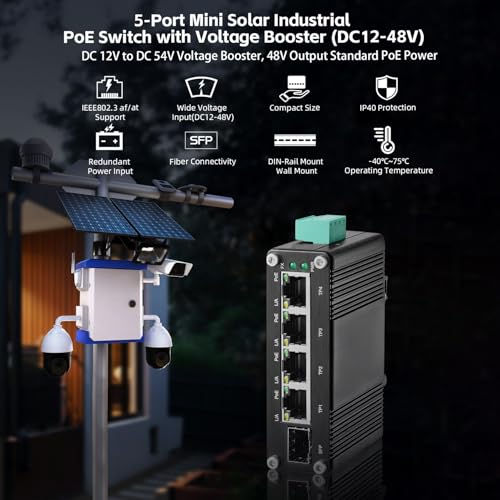 Image of MokerLink 5 Port Gigabit Industrial Solar Battery UPS PoE Switch, Input DC9V-54V to Output DC48V, IEEE802.3af /at PoE, Mini Size, Unmanaged IP40 Network Switch (-40 to 185F), 10Gbps Capacity