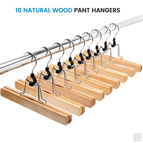 High-Grade Wooden Pants Hangers With Clips 10 Pack Non Slip Skirt Hangers, Smooth Finish Solid Wood Jeans/Slack Hanger With 360° Swivel Hook - Pants Clip Hangers For Skirts, Slacks - Clamp Hangers #TOP2