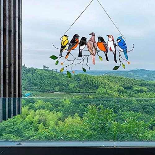 Kisbeibi Window Hanging Birds, Stained Glass Birds, Multicolor Birds on a Wire, Wall Cartoon Birds Pendant Stained Glass Birds,Bird Ornaments Pendant for Home Decoration(size:7 Birds)