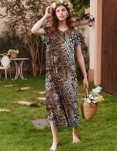 Image of Ekouaer Long Nightgown Women's Loungewear Short Sleeve Sleepwear Full Length Sleep Shirt with Pockets