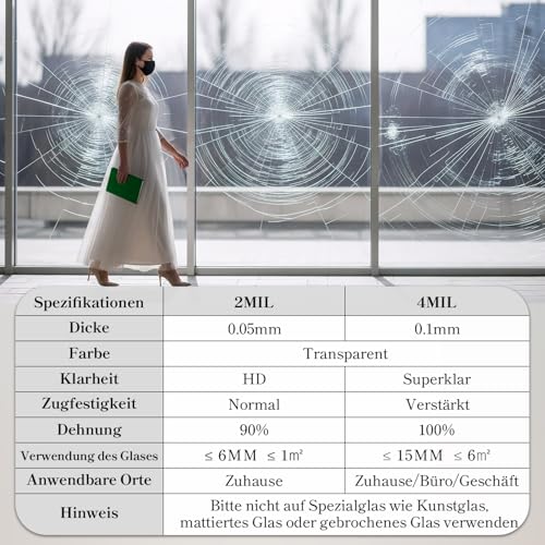 DARUITE Splitterschutzfolie, 4 Mil Klare, Bruchsichere Sicherheitsfolie, Fensterschutzfolie, Sicherheitskleber Splitterfreie Fensterfolien für Zuhause, upermarkt und Büro (30 x 200 cm)
