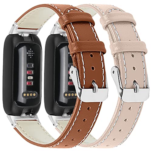 FitTurn 2PACK Leather Bands Compatible for Fitbit Inspire 3 Classic Wristbands Accessories Strap Replacement Band for Fitbit Inspire 3 Fitness Tracker Women Men (Brown,Apricot)