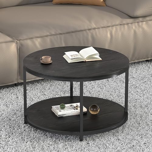 Image of NSdirect Round Coffee Table, 25.6 inch Small Coffee Table for Living Room,2-Tier Rustic Wood Desktop with Storage Shelf Modern Design Home Furniture(Black)