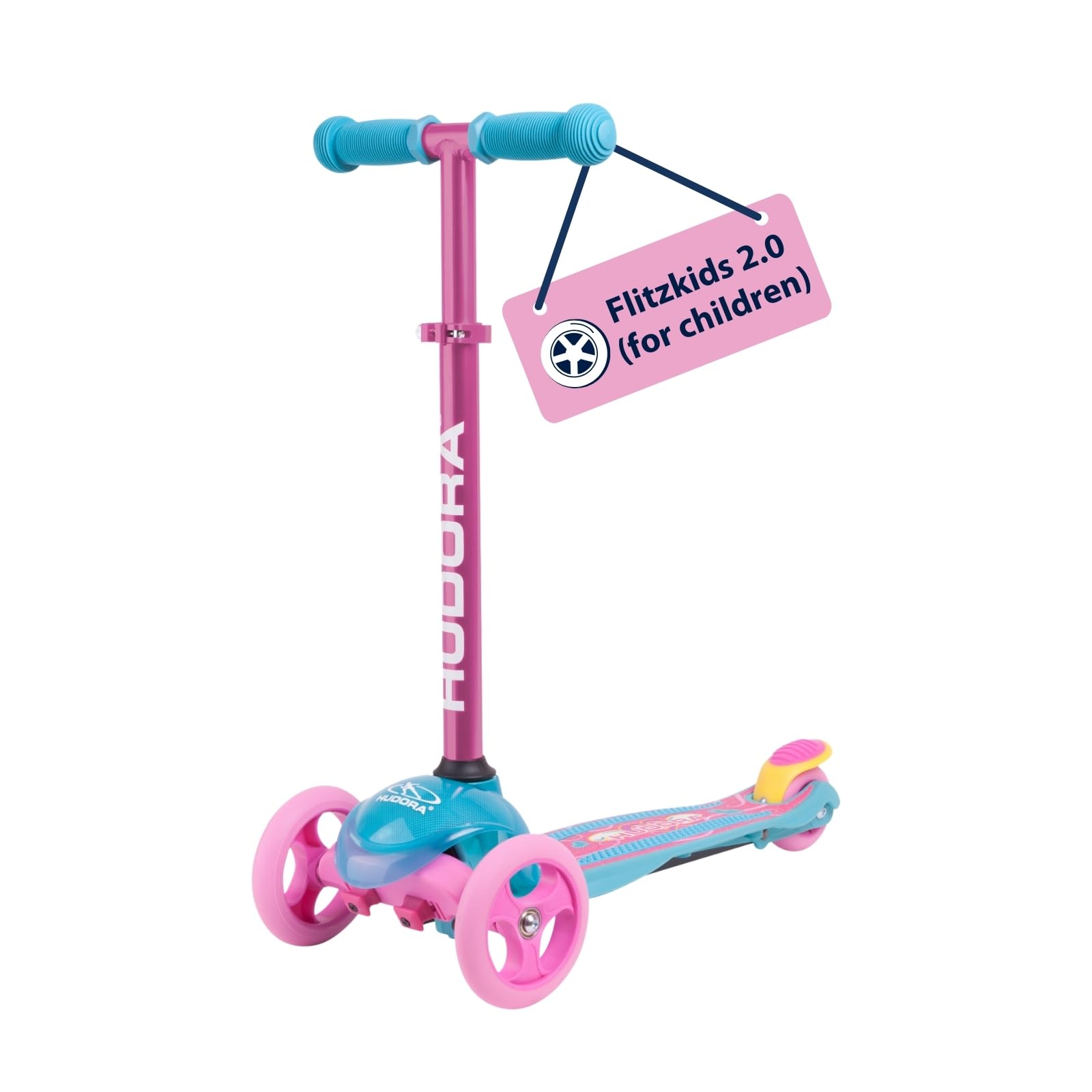 HUDORA Scooter Flitzkids 2.0 - Sturdy children's scooter with large footboard - Height-adjustable & transportable mini tricycle scooter for up to 50kg - Aluminium scooter for children
