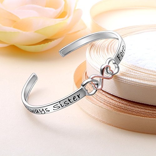 Two Tone 925 Sterling Silver "Always Sister Forever Friend" Infinity Love Bracelet 7 Inch, Friendship Gift for Women BFF Birthday Gift3