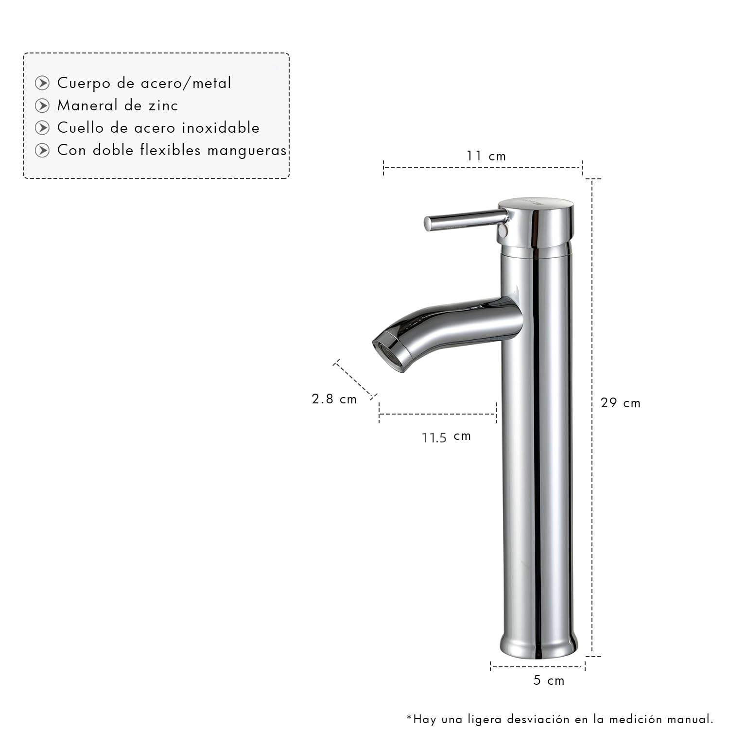SOLVEX Grifo Alto Lavabo, Grifo Monomando lavabo Caño, Grifos para Lavabos de Baño Acero Inoxidable Cromado, Grifo de Lavabo, Agua Fria y Caliente Disponible, SF-11801