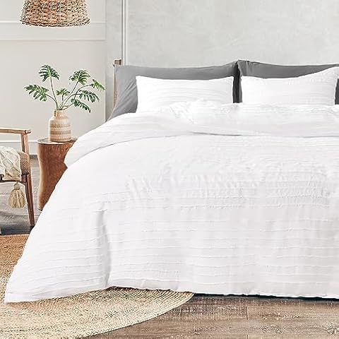 NEXHOME PRO Duvet Cover Queen Size, White 3 Pieces Boho Tufted Duvet Cover Set, Soft and Lightweight Microfiber Comforter Cover Set for All Season (White Queen, 90 x 90)-No Comforter Cover