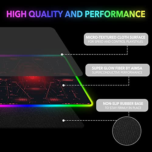 Aimsa Large Gaming Mouse Pad Rgb, Keyboard Led Mousepad Extended 35.4 X 15.8 Inch Non-Slip Rubber Base With 14 Lighting Modes Desk Mat, Red Circuit Board Motherboard #TOP2