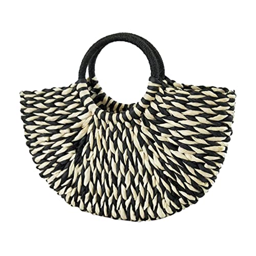 Amagogo Bolso de paja, bolso de verano, bolso tejido a mano para mujer, bolso tejido con asa superior para vacaciones, en blanco y negro